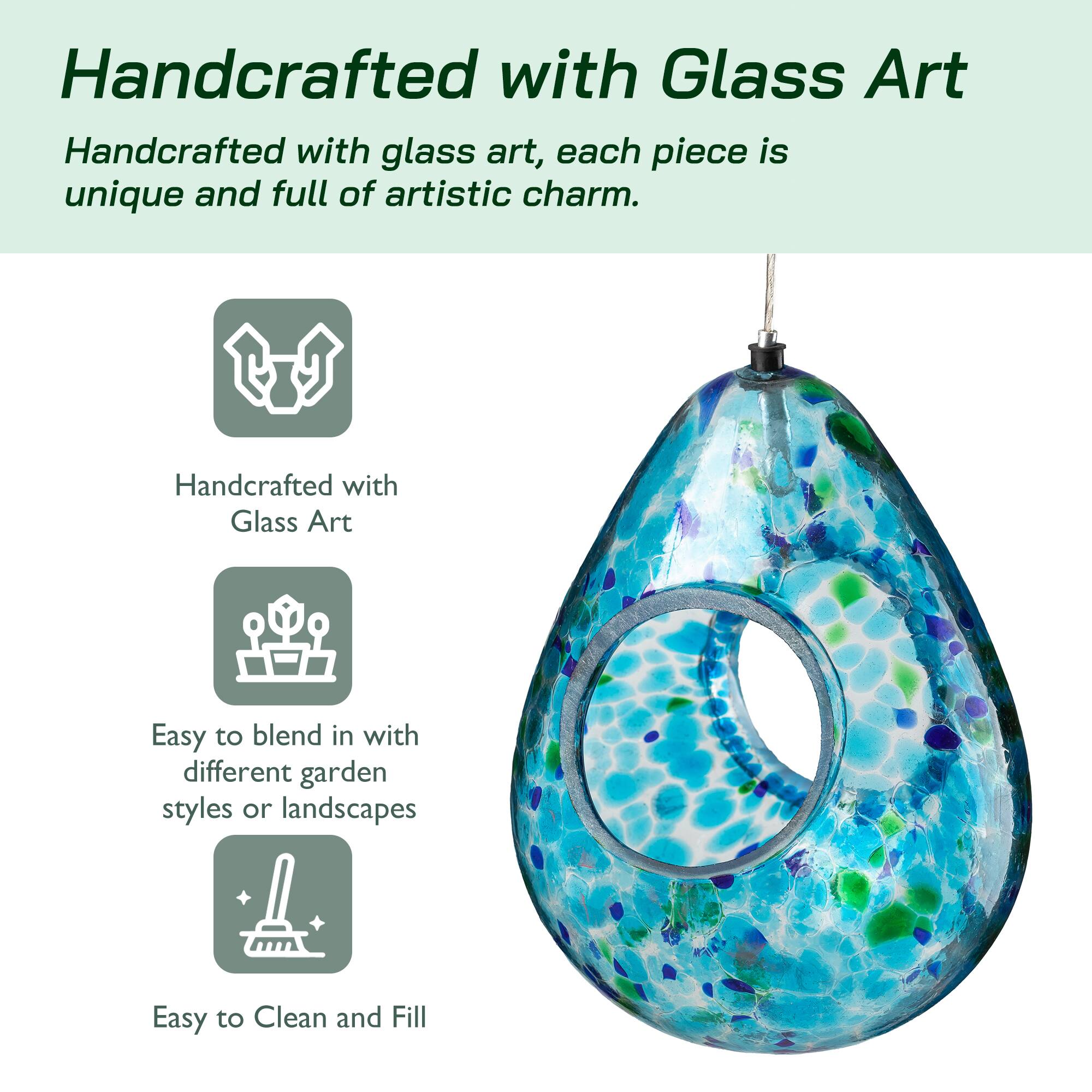 Glitzhome® 6.75" Blue Dots Glass Water Drop Hanging Bird Feeder